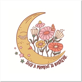 Take a Moment to Breathe, Boho Bohemian Moon Chic Quote Posters and Art